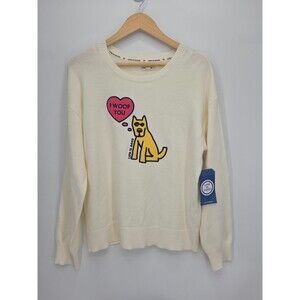 New Life is Good I Woof You Embroidered Dog Crewneck Sweater Cream Size Large